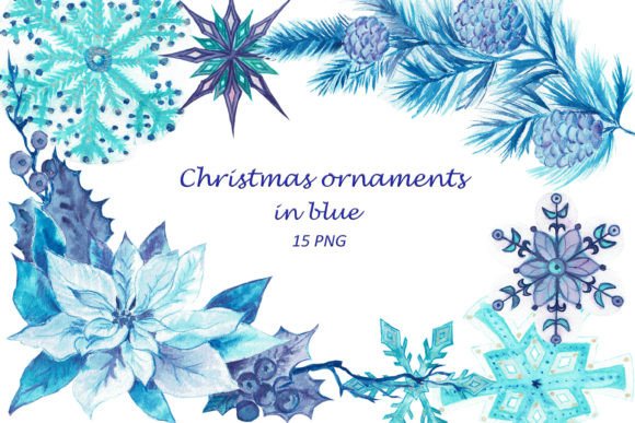 Blue Christmas Watercolor Clipart, PNG Review for Digital Sellers