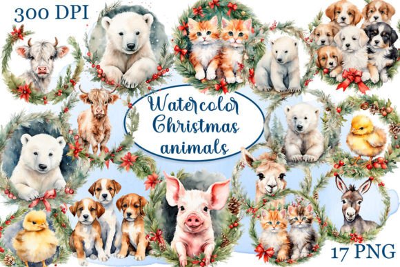 Christmas Animals Wreath Watercolor for Illustrations