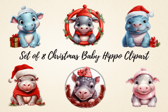Christmas Baby Hippo Sublimation Clipart in Illustrations