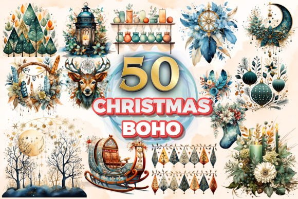 Christmas Boho Clipart Sublimation 9 for Modern Illustrations