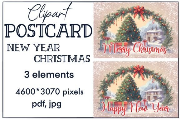 CHRISTMAS, NEW YEAR, Postcards, SET, JPG for Modern Illustrations