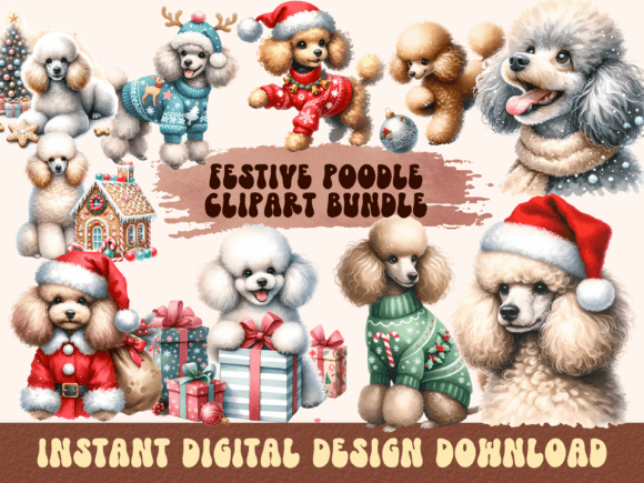 Christmas Poodle Dog Clipart for Festive Illustrations