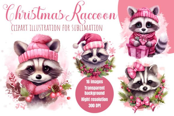 Christmas Raccoon Watercolor Clipart for Modern Illustrations