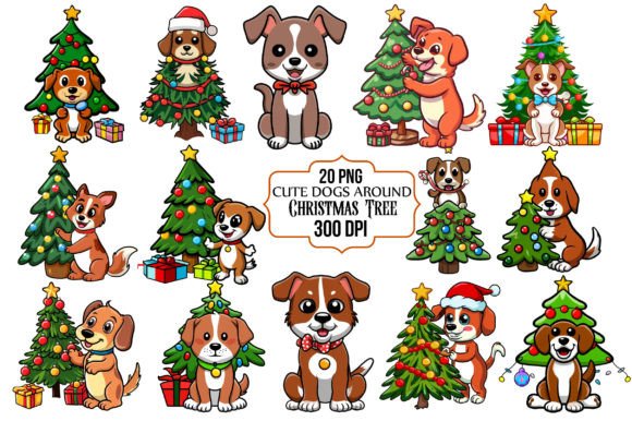 Cute Dogs Around a Christmas Tree Illustrations