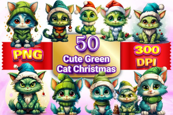 Cute Green Cat Christmas Clipart for Illustrations