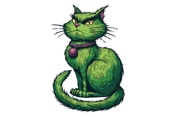 Cute Green Cat Christmas Design for Illustrations