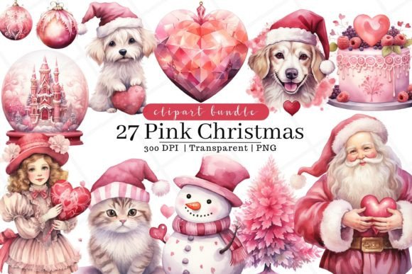 Pink Christmas Watercolor Clipart for Illustrations