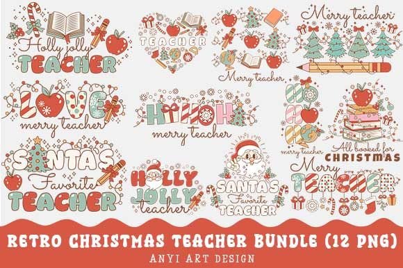 Retro Christmas Teacher Bundle: Festive Illustrations for Local Brands