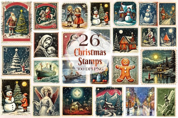 Vintage Old Christmas Stamps Clipart for Seasonal Illustrations