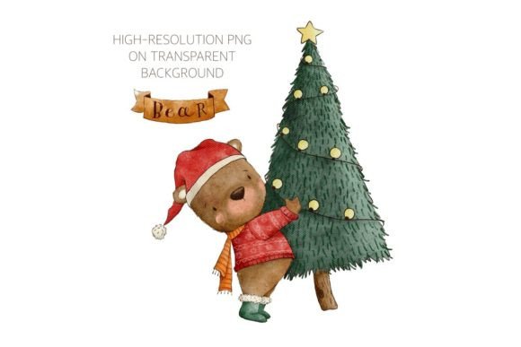 Watercolor Baby Bear and Christmas Tree for Illustrations