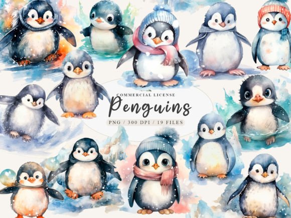 Watercolor Christmas Baby Penguin Clipar for Illustrations