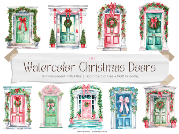 Watercolor Christmas Door PNG Clip Art for Illustrations