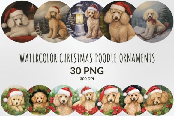 Watercolor Christmas Poodle Ornaments & Illustrations
