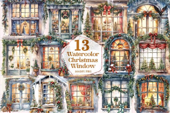 Watercolor Christmas Window Clipart PNG for Illustrations
