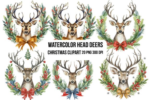 Watercolor Head Deers Christmas Clipart for Illustrations