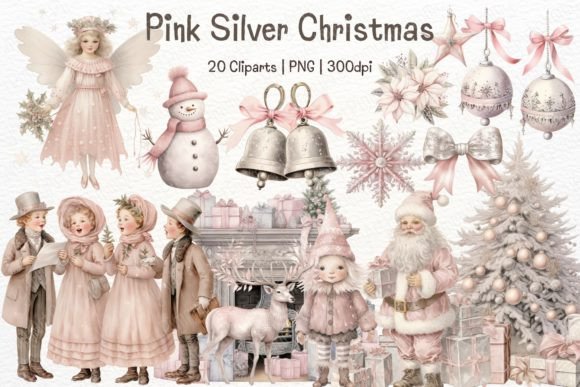 Watercolor Pink Silver Christmas Clipart for Modern Illustrations